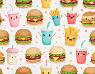 A delightful seamless pattern of cute cartoon fast food icons and sweet dessert treats like cupcakes with cherry cream and chocolate muffins