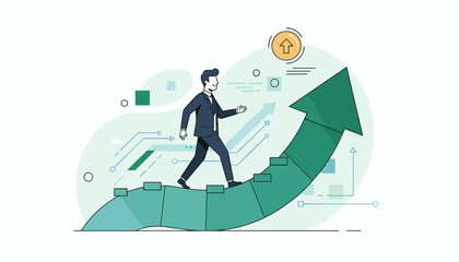 A determined businessman in a suit confidently climbs a large, upward-trending green arrow, symbolizing career advancement, business growth, and achieving success through consistent effort and