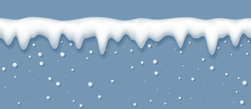 Realistic seamless snow cap with falling snow flakes isolated on a blue background. Vector 3D illustration.