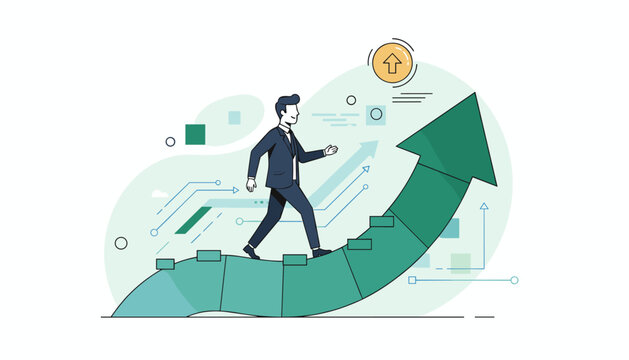 A determined businessman in a suit confidently climbs a large, upward-trending green arrow, symbolizing career advancement, business growth, and achieving success through consistent effort and