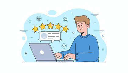 Customer satisfaction feedback review concept. A smiling man sits at a laptop, typing and leaving a positive review with five stars and a thumbs-up icon, symbolizing excellent service and product