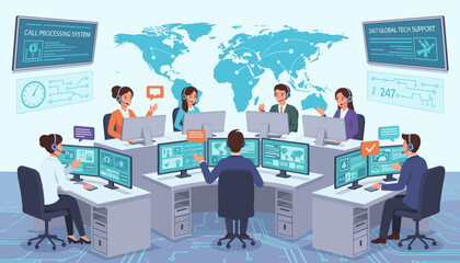 Global customer service hotline operators working in a modern call center, communicating with clients worldwide via headsets and computers, with a world map and data displays in the background