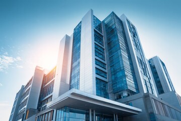 Fototapeta premium Modern skyscraper with glass facade against bright blue sky.