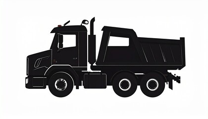 Black silhouette icon of a heavy-duty dump truck, an essential vehicle for construction, mining, and material transport, depicted in a side view with a classic, robust design