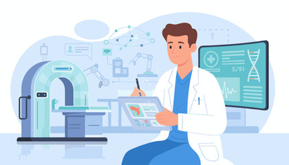 Modern medical technology and science illustration featuring a doctor in a lab coat using a tablet with medical data, surrounded by advanced equipment like a CT scanner, robotic arms, and a digital