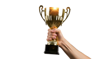 Hand holding golden trophy symbolizing victory and achievement on black background