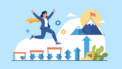 Energetic businesswoman in a blue suit and yellow cape leaps over hurdles, symbolizing overcoming obstacles and achieving success, with mountains and a flag representing goals in the background