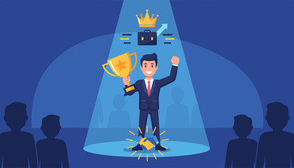 A triumphant businessman stands in a spotlight, holding a golden trophy and raising his fist in victory, symbolizing outstanding employee achievement, career success, and winning a competition, with