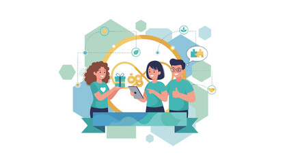 Vibrant illustration of a referral marketing concept, showcasing friends engaged in a loyalty program, with a gift box, coins, and puzzle pieces symbolizing collaboration and rewards, set against a