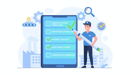 Modern flat design concept of quality control checklist on a smartphone screen, with a smiling inspector checking tasks like production flow verification, raw materials inspection, assembly line