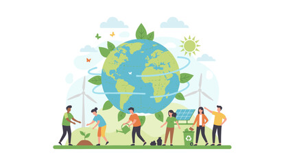 Diverse group of people actively participating in environmental conservation efforts, planting trees, watering plants, recycling waste, and utilizing renewable energy sources like solar panels and