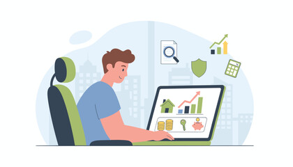 Concept of real estate investment and financial growth illustrated by a person using a laptop, displaying charts, coins, a house, a key, a piggy bank, a shield, and a calculator, symbolizing wealth