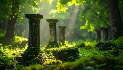 Moss-covered pillars in lush green forest bathed in sunlight, creating a serene, ancient ruin atmosphere