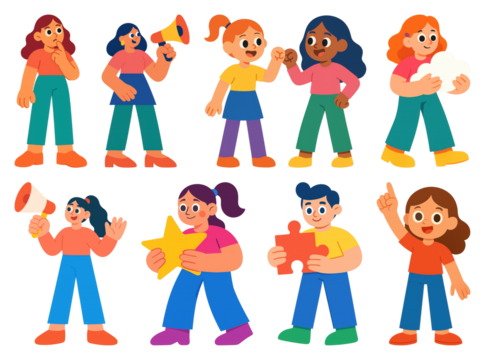 PNG Colorful cartoon characters interacting happily, element set on transparent background