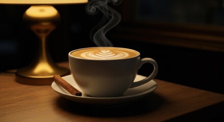 Obraz premium Latte art, coffee, cinnamon stick, and glowing lamp create a cozy scene