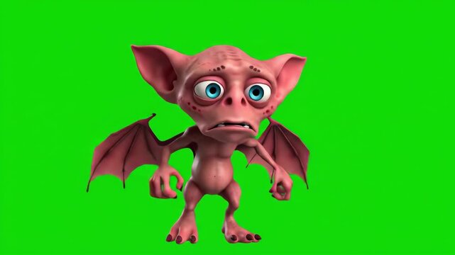 Animated cartoon imp creature on green screen for animation projects