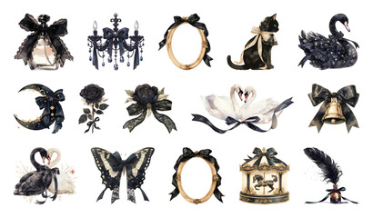 PNG Elegant black and gold decorations, element set on transparent background