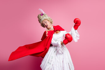 Graceful lady in vintage baroque attire with a humorous twist of boxing gloves against a stylish...