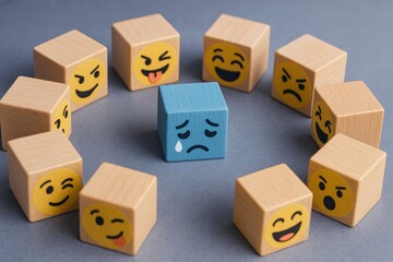 Isolated blue wooden block with a tearful sad emoji face stands alone, surrounded by diverse happy, playful, and mischievous expressions, symbolizing bullying and racism