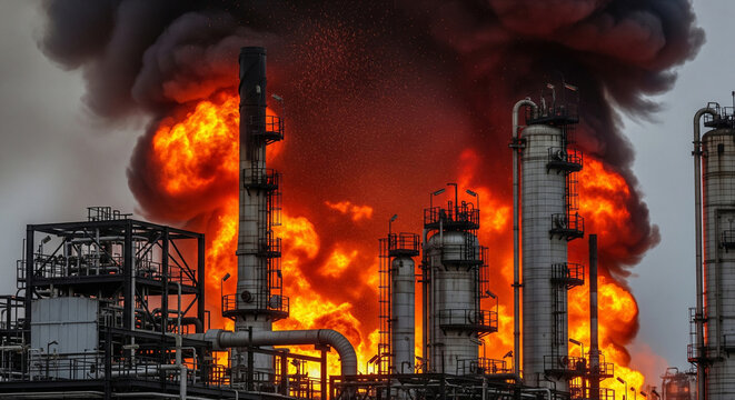 Close-up of a fire at an oil refinery, an emergency situation with fire and smoke