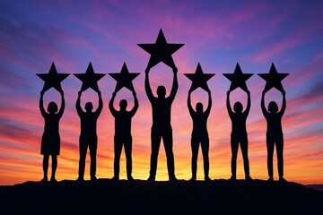 Star gazers silhouetted against a breathtaking sunset proudly raise stars, symbolizing collective achievement, quality, and inspiring excellence
