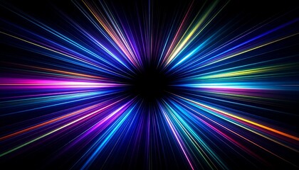 Radiating neon lights converging towards a dark central point on a black background, conveying a sense of speed