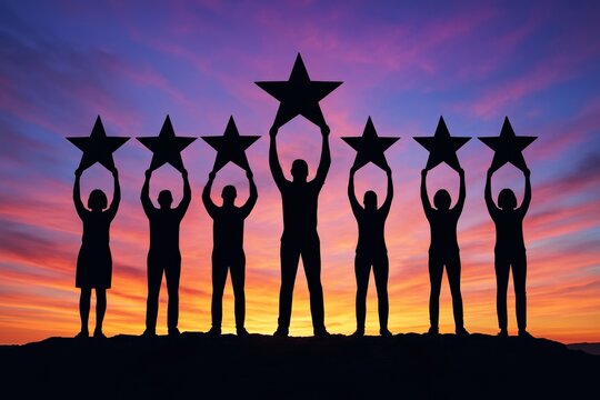Star gazers silhouetted against a breathtaking sunset proudly raise stars, symbolizing collective achievement, quality, and inspiring excellence
