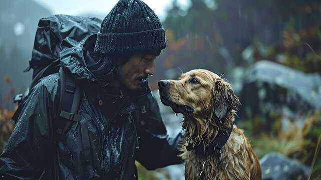 The unbreakable bond of friendship between a hiker and his loyal dog on a wet and wild outdoor adventure