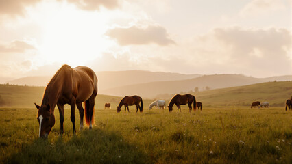 Fototapeta premium A horse grazing with a peaceful view. The rolling hills and cloudy sky are perfect for a wide range of nature-related projects