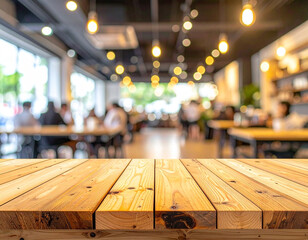 Empty wood table with blur cafe or coffee shop background