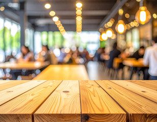 Empty wood table with blur cafe or coffee shop background