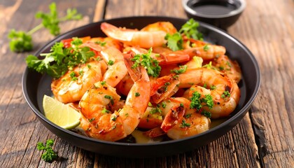 Plate of sauteed shrimp with parsley and a lime wedge, served with a dark sauce, on a wooden surface