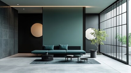 Minimalist modern japandi style interior design of living room with sleek teal sofa, geometric coffee tables, circular accent mirrors and large grid-patterned windows with indoor tree.