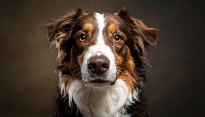 Portrait of a brown, white, and black dog with floppy ears against a brown and tan mottled background