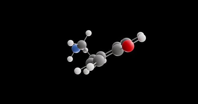 Tyramine molecule, rotating 3D model of trace amine, looped video on a black background
