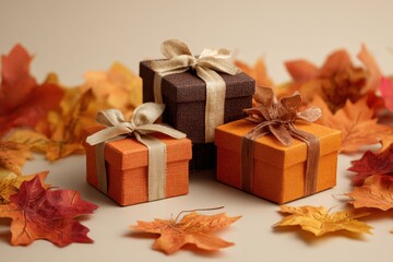 Festive autumn gifts and yellow maple leaves. Fall season presents pile. Stack of gift boxes tied with ribbons on beige background. Thanksgiving holiday, birthday concept. Anniversary composition