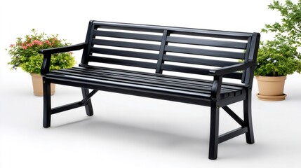 Black wooden park garden bench with potted plants