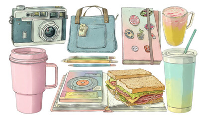 Vintage Camera, Handbag and Colorful Drinks Illustration on Isolated Background