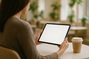 Woman using tablet mockup in cafe, digital lifestyle concept for remote work, online study, and communication technology.