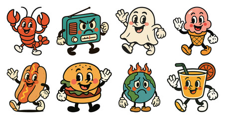 PNG Playful vintage food characters, element set on transparent background