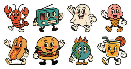PNG Playful vintage food characters, element set on transparent background