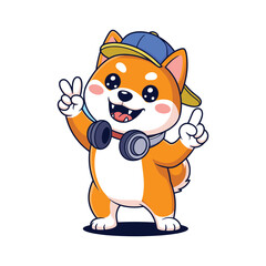 Cartoon Shiba Inu dog wearing headphones and blue baseball cap illustration, cute Shiba Inu dog vector.