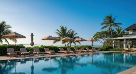 Luxury resort pool with loungers, umbrellas, palm trees, & blue sky