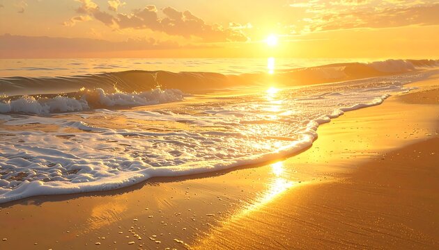 Glistening gold light on sandy beach meets small waves; sky ablaze with warm sunshine and light cloud wisps