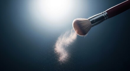 Makeup brush releasing powder against a dark background with bright spot lighting