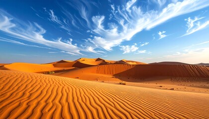 Rolling sand dunes with ripples under a bright blue sky with wispy white clouds, creating a scenic desert vista