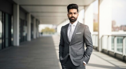 Man in gray suit standing confidently outside modern office building on walkway