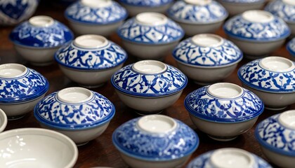 Rows of white-bottomed, blue & white patterned ceramic bowls displayed on a glossy, warm-toned, dark brown surface
