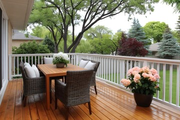 Fototapeta premium Outdoor deck with dining table and chairs, relaxing backyard space