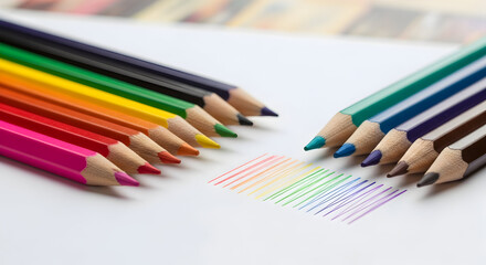 Collection of colorful pencils arranged in creative pattern on white surface for artistic expression